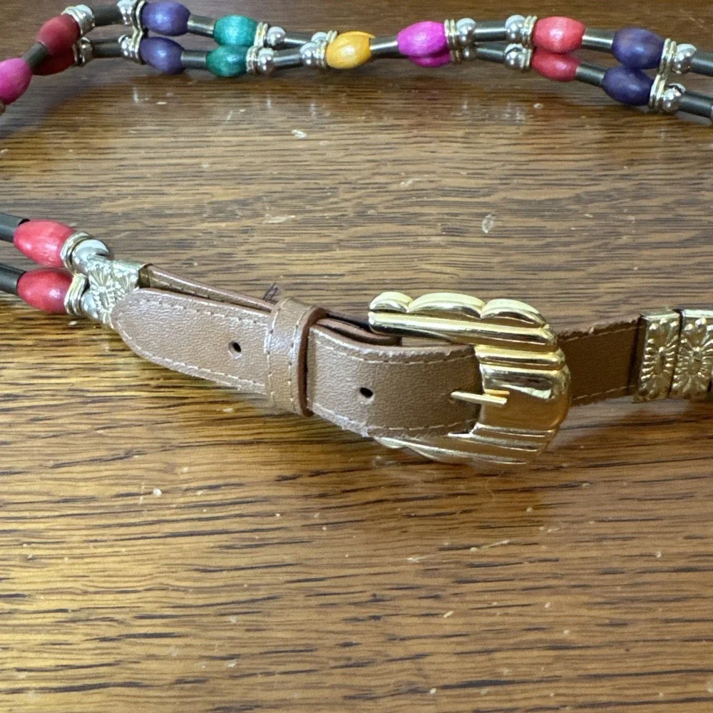 Vintage Beaded Belt Multicolor Wood Beads 2 Strand Gold Buckle 35.5